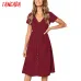 Tangada 2019 summer cotton dress women tunic v neck short sleeve pink midi dresses pocket casual vestidos female AON04