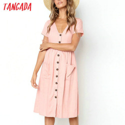 Tangada 2019 summer cotton dress women tunic v neck short sleeve pink midi dresses pocket casual vestidos female AON04