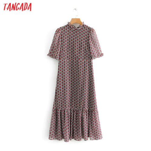 Tangada fashion women heart print pleated dress ruffles neck short sleeve sweet female casual dresses vestidos BE213