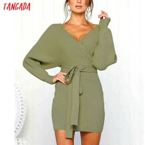 Tangada women dress 2019 knitted mini dress autumn winter ladies sexy green sweater dress long sleeve vintage korean ADY08