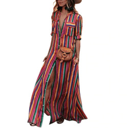 Tangada women maxi dress striped retro boho style 2019 autumn long shirt dress party female elegant dress plus size XXXL aon47