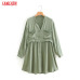 Tangada women shirt dress diamonds beading v neck long sleeve   ladies green dress elegant pleated casual oversize vestidos XN15