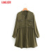 Tangada women shirt dress diamonds beading v neck long sleeve   ladies green dress elegant pleated casual oversize vestidos XN15