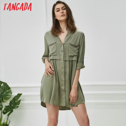 Tangada women shirt dress diamonds beading v neck long sleeve   ladies green dress elegant pleated casual oversize vestidos XN15