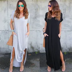 Tataria Women's Casual Loose Pocket Long Dress Women Short Sleeve Long Dresses Women T Shirt Dress Solid Color Vintage V-neck