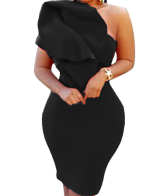 Trendy Boat Neck One Shoulder Sleeveless Falbala Design Black Healthy Fabric Sheath Knee Length Dress Trendy Boat Neck One Shoulder Sleeveless Falbala Design Black Healthy Fabric Sheath Knee Length Dress