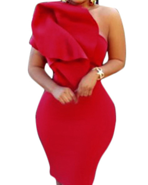 Trendy Boat Neck One Shoulder Sleeveless Falbala Design Red Healthy Fabric Sheath Knee Length Dress Trendy Boat Neck One Shoulder Sleeveless Falbala Design Red Healthy Fabric Sheath Knee Length Dress