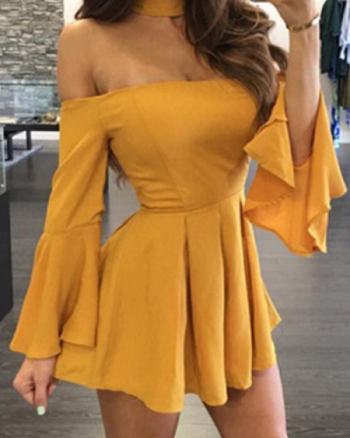 Trendy Dew Shoulder Falbala Design Yellow Polyester Mini Dress (With Choker) Trendy Dew Shoulder Falbala Design Yellow Polyester Mini Dress (With Choker)