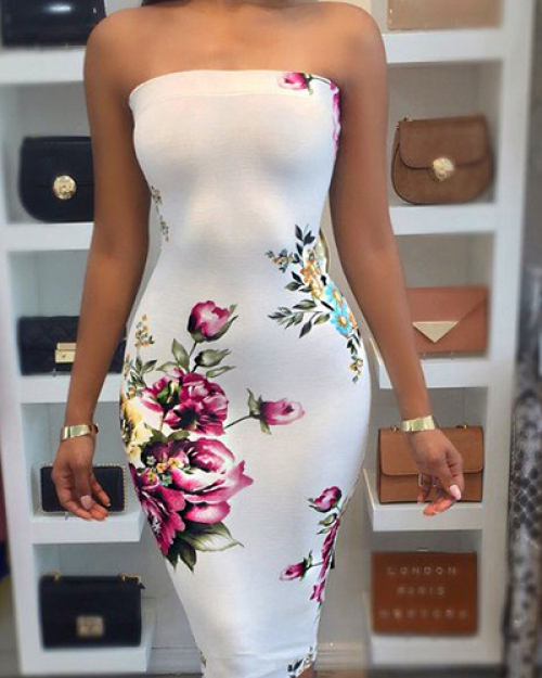 Trendy Dew Shoulder Floral Print White Milk Fiber Sheath Knee Length Dress(Without Choker) Trendy Dew Shoulder Floral Print White Milk Fiber Sheath Knee Length Dress(Without Choker)