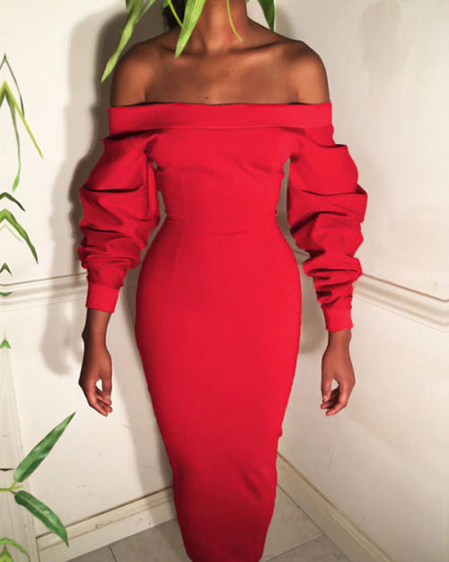 Trendy Dew Shoulder Long Sleeves Red Polyester Sheath Mid Calf Dress Trendy Dew Shoulder Long Sleeves Red Polyester Sheath Mid Calf Dress