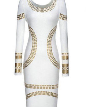 Trendy O Neck Long Sleeves Bronzing Print White Cotton Blend Sheath Mini Dress Trendy O Neck Long Sleeves Bronzing Print White Cotton Blend Sheath Mini Dress