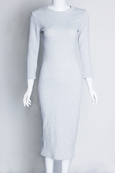 Trendy Round Collar Long Sleeves Grey Polyester Sheath Knee Length Dress