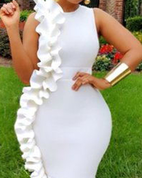 Trendy Round Neck Falbala Design White Healthy Fabric Sheath Knee Length Dress Trendy Round Neck Falbala Design White Healthy Fabric Sheath Knee Length Dress