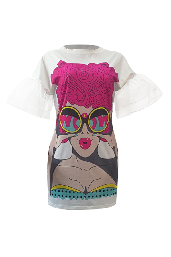 Trendy Round Neck Gauze Patchwork Printed White Polyester Mini Dress