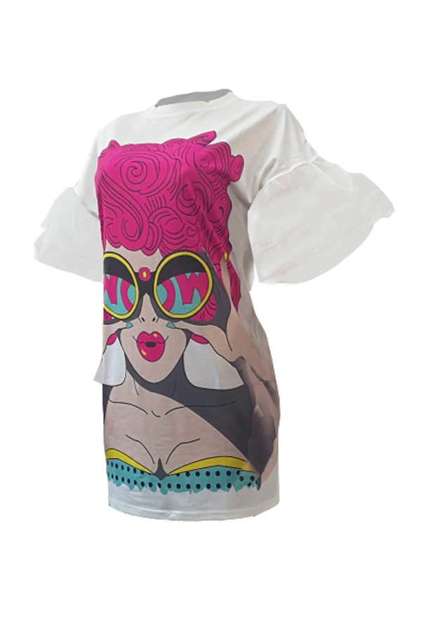 Trendy Round Neck Gauze Patchwork Printed White Polyester Mini Dress