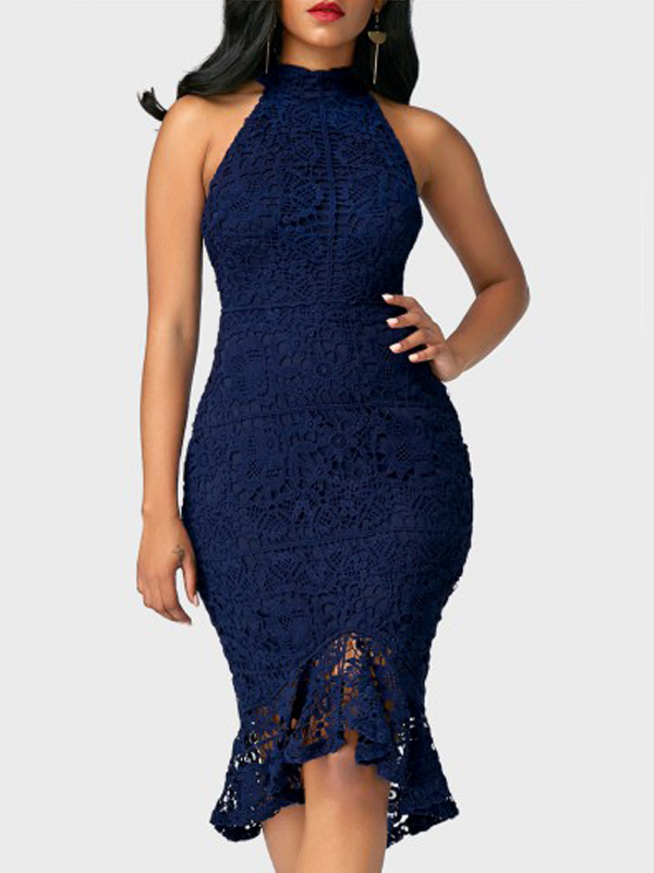 Trendy Round Neck Lace Trim Patchwork Blue Sheath Mid Calf Dress