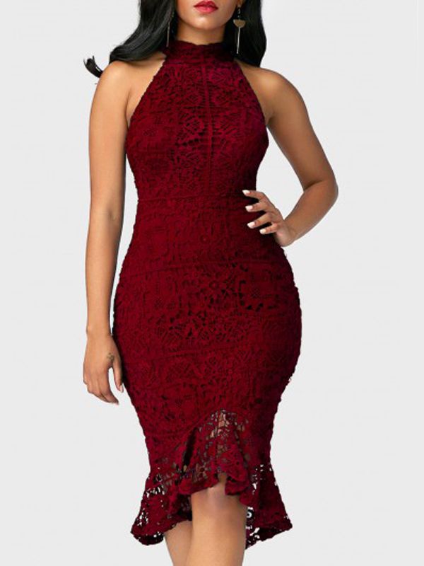 Trendy Round Neck Lace Trim Patchwork Wine Red Sheath Mid Calf Dress