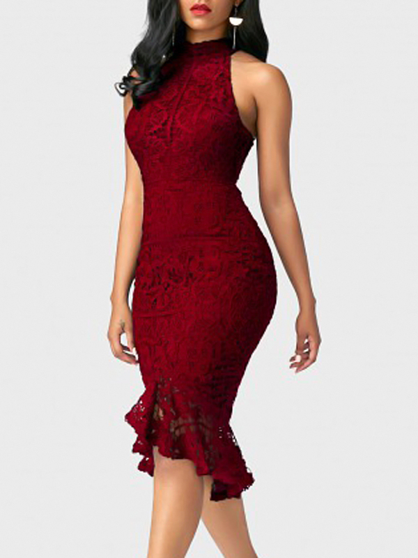 Trendy Round Neck Lace Trim Patchwork Wine Red Sheath Mid Calf Dress