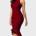 Trendy Round Neck Lace Trim Patchwork Wine Red Sheath Mid Calf Dress