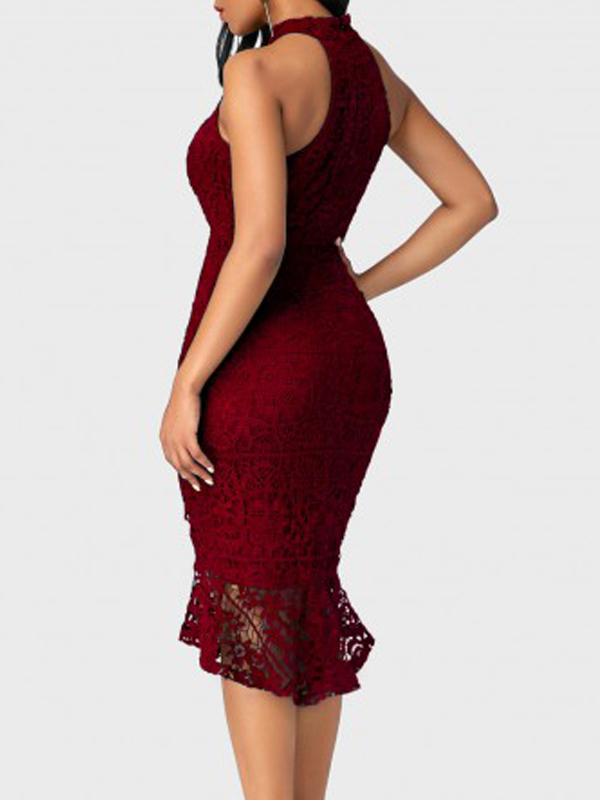Trendy Round Neck Lace Trim Patchwork Wine Red Sheath Mid Calf Dress