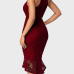 Trendy Round Neck Lace Trim Patchwork Wine Red Sheath Mid Calf Dress