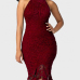 Trendy Round Neck Lace Trim Patchwork Wine Red Sheath Mid Calf Dress