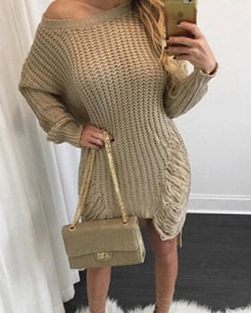 Trendy Round Neck Long Sleeves Hollow-out Asymmetrical Khaki Acrylic Mini Dress Trendy Round Neck Long Sleeves Hollow-out Asymmetrical Khaki Acrylic Mini Dress