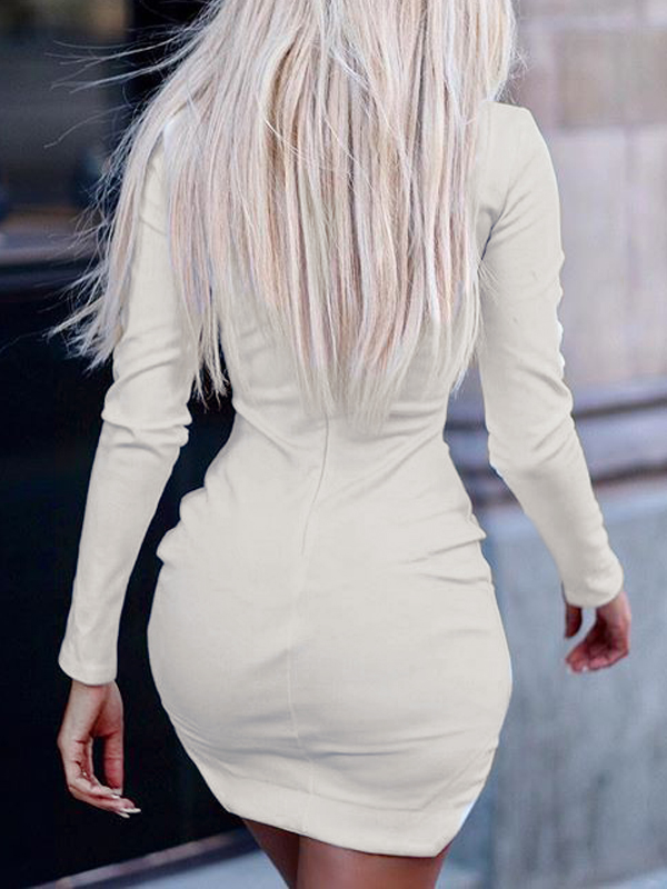 Trendy Round Neck Long Sleeves Hollow-out White Healthy Fabric Sheath Mini Dress