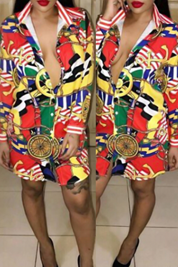 Trendy Turndown Collar Printed Healthy Fabric Mini Dress(Without Belt)