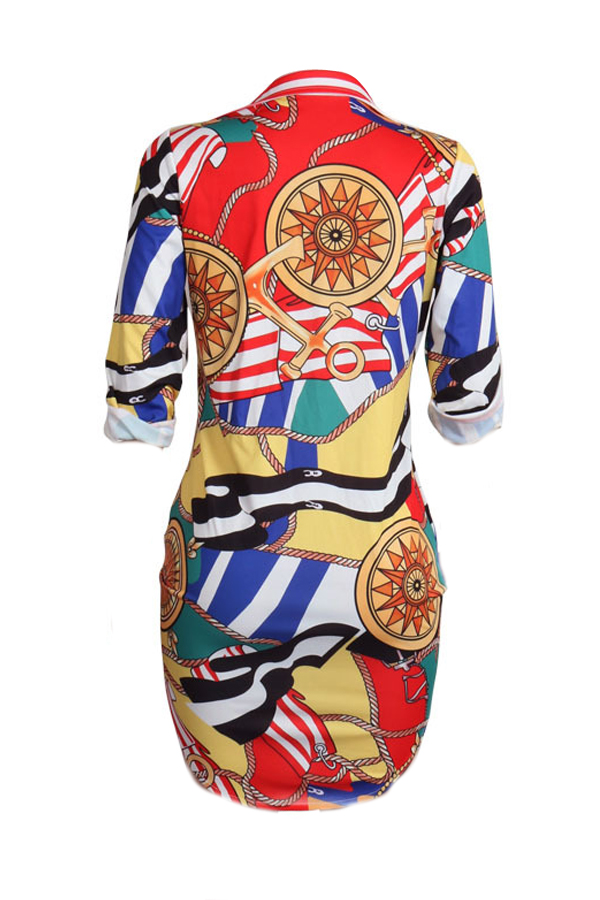 Trendy Turndown Collar Printed Healthy Fabric Mini Dress(Without Belt)