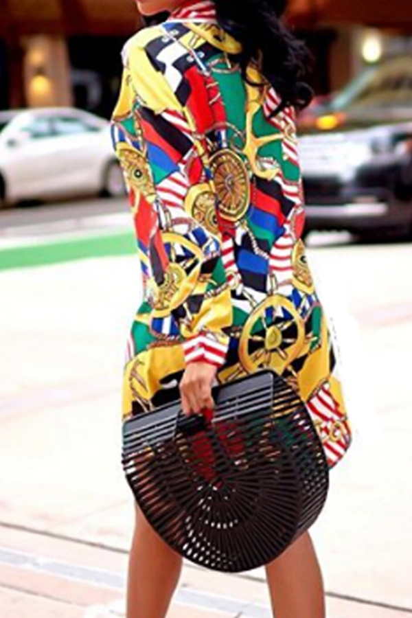 Trendy Turndown Collar Printed Healthy Fabric Mini Dress(Without Belt)