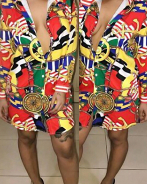 Trendy Turndown Collar Printed Healthy Fabric Mini Dress(Without Belt) Trendy Turndown Collar Printed Healthy Fabric Mini Dress(Without Belt)