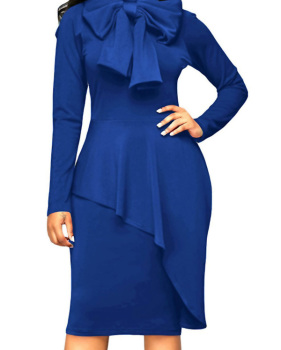 Trendy Turtleneck Bow-Tie Design Navy Blue Polyester Sheath Knee Length Dress