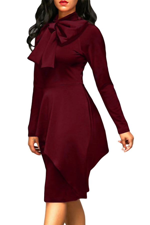Trendy Turtleneck Bow-Tie Design Wine Red Polyester Sheath Knee Length Dress