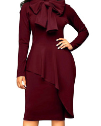 Trendy Turtleneck Bow-Tie Design Wine Red Polyester Sheath Knee Length Dress