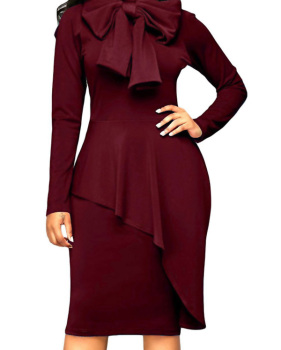 Trendy Turtleneck Bow-Tie Design Wine Red Polyester Sheath Knee Length Dress