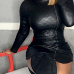 Trendy Turtleneck Long Sleeves Zipper Design Black Leather Mini Dress Trendy Turtleneck Long Sleeves Zipper Design Black Leather Mini Dress