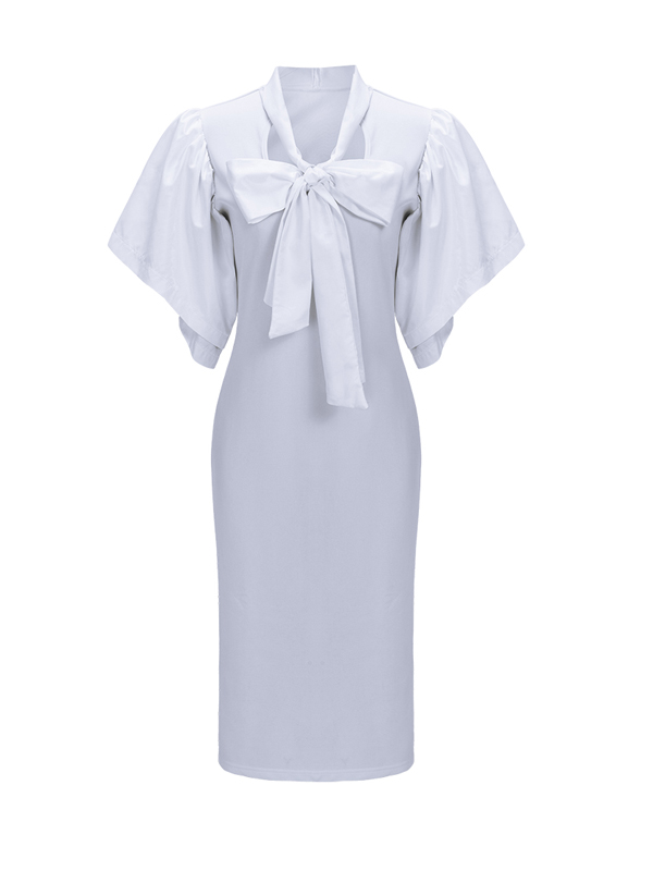 Trendy V Neck Half Sleeves Bow-tie Decoration White Cotton Sheath Knee Length Dress