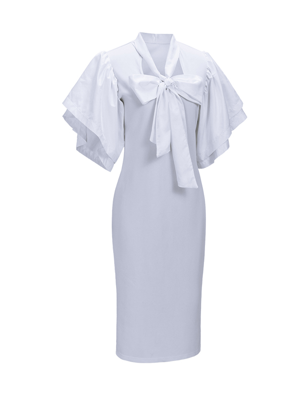 Trendy V Neck Half Sleeves Bow-tie Decoration White Cotton Sheath Knee Length Dress