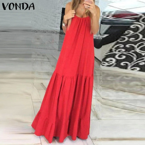 VONDA Bohemian Dress Women 2019 Summer Sexy Sleeveless Spaghetti Strap Ruffle Swings Maxi Long Dresses Holiday Vestido Plus Size