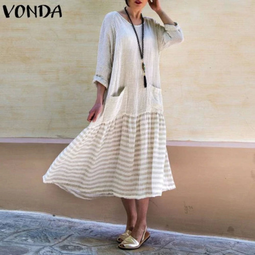 VONDA Bohemian Dresses 2019 Women Casual Vintage Maxi Dress Long Sleeve Stripe Patchwork Loose Party Vestidos Female Plus Size