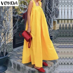 VONDA Women Maxi Long Dress 2019 Summer Sexy Sleeveless Square Neck Strap Party Dress Bohemian Holiday Vestidos Plus Size S-5XL