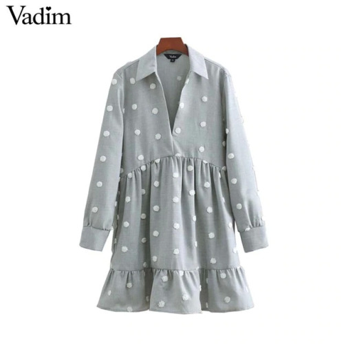 Vadim Women dots embroidery mini dress turn down collar pleated ruffles female casual dresses solid straight vestidos QB265