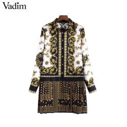 Vadim floral chains print pleated shirt dress long sleeve turn down collar vintage totem straight mini dress vestidos QA764