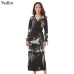 Vadim flower crane pattern maxi wrap dress v neck retro sashes bow tie long sleeve vintage bird chic long loose casual Vestidos