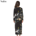 Vadim flower crane pattern maxi wrap dress v neck retro sashes bow tie long sleeve vintage bird chic long loose casual Vestidos