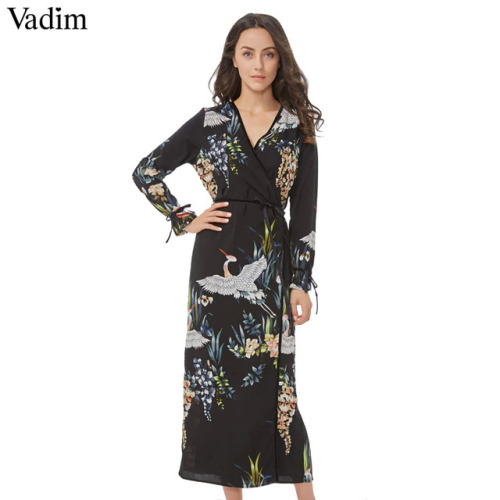 Vadim flower crane pattern maxi wrap dress v neck retro sashes bow tie long sleeve vintage bird chic long loose casual Vestidos