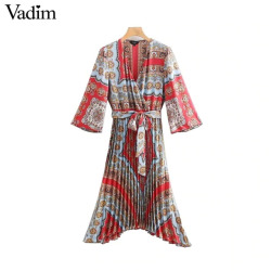 Vadim paisley print midi dress V neck bow tie sashes pleated design elastic waist irregular retro female casual dresses QB183