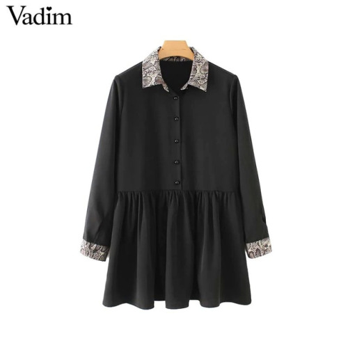 Vadim snake print patchwork black dresses animal pattern pleated long sleeve chic cute dress vestido mujer QA685