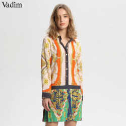 Vadim stylish chains print patchwork pleated dress long sleeve turn down collar pleated female casual dresses Vestidos QA543